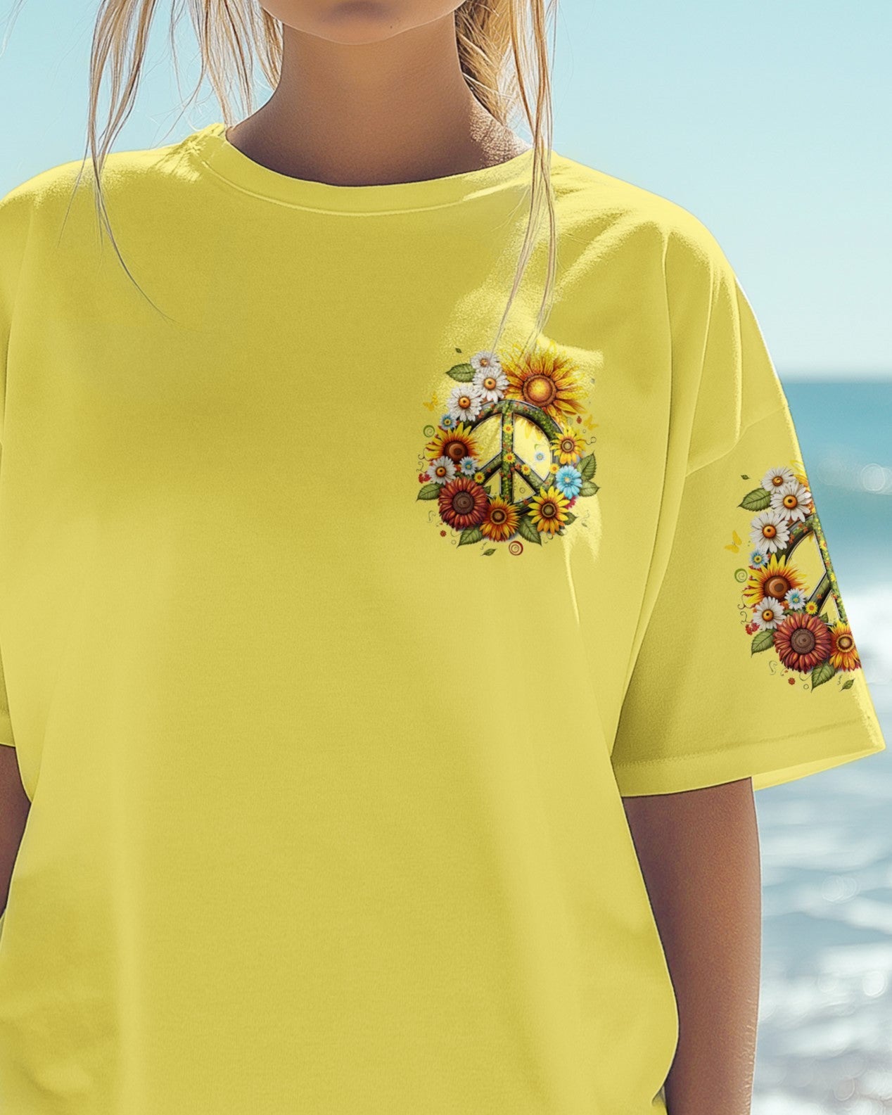 Imagine All the People Living Life in Peace Sunflower Peace Sign Design AOP Shirts _15_ pEeYc