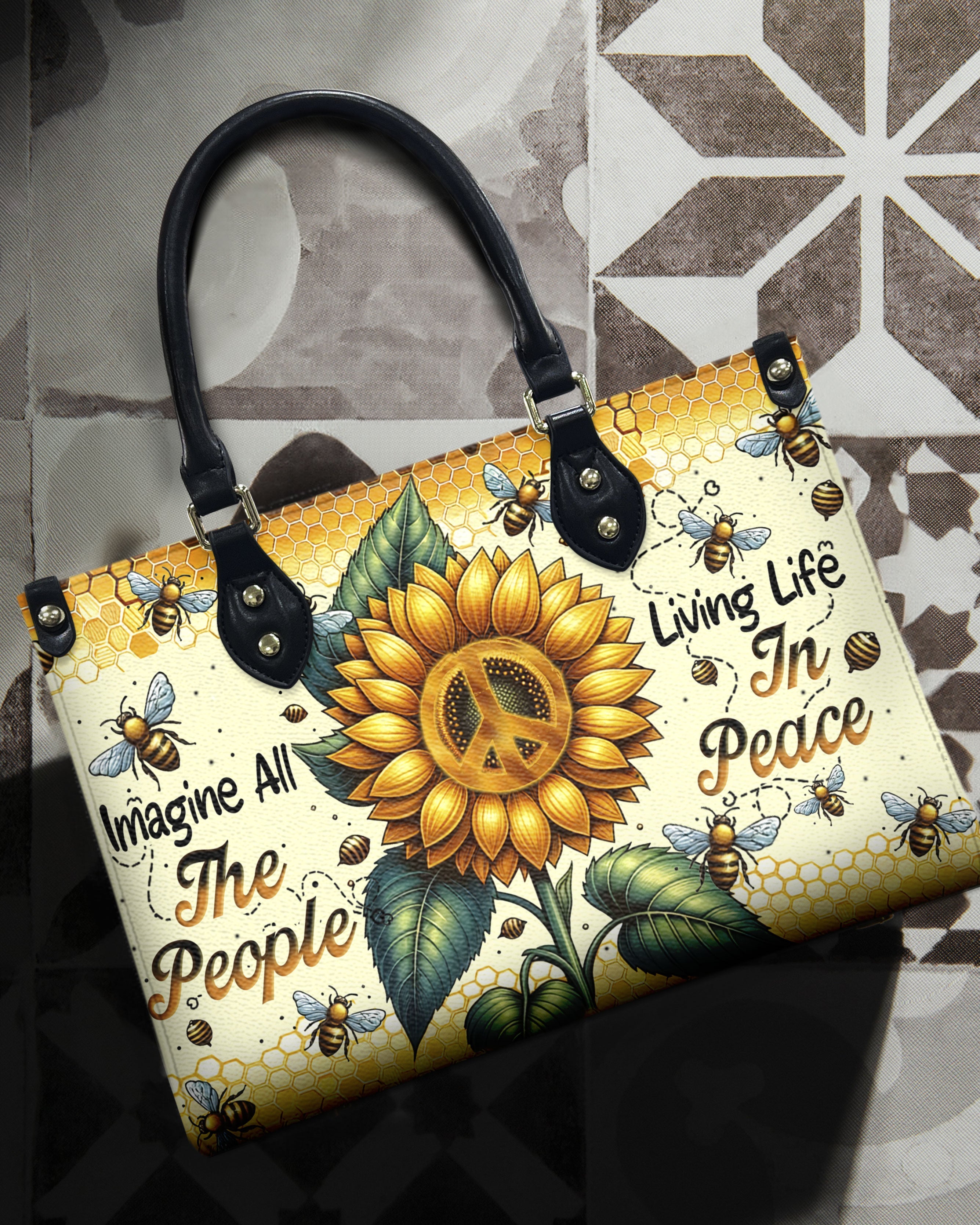 Imagine All the People Living Life in Peace Sunflower Peace Sign Hippie Leather Bag _1_ R9jDs
