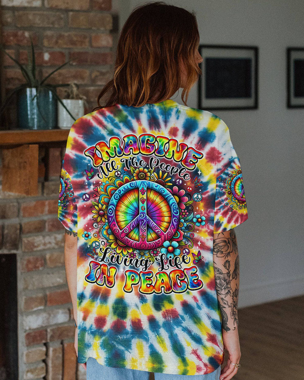 Imagine All the People Living Life in Peace Tie Dye Hippie Colorful AOP Shir _1_ 7l6PV