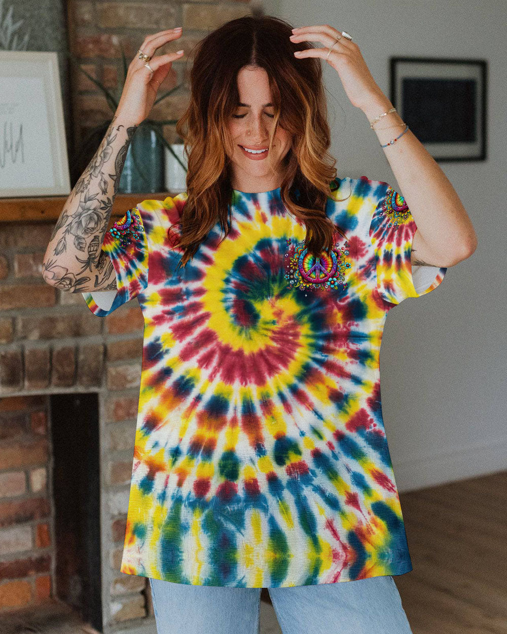 Imagine All the People Living Life in Peace Tie Dye Hippie Colorful AOP Shir _2_ gjCIG