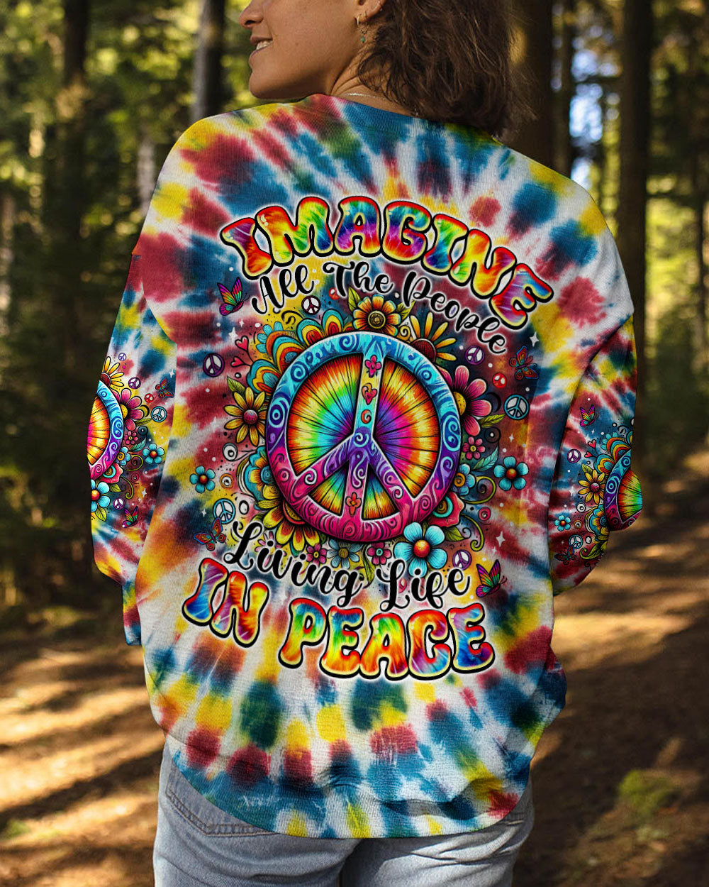 Imagine All the People Living Life in Peace Tie Dye Hippie Colorful AOP Shir _9_ ug82K