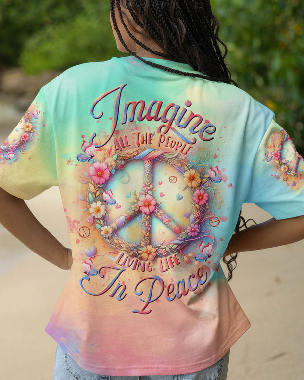 Imagine All the People Living Life in Peace - Tie Dye Hippie Floral Peace Symbol - AOP Shirts