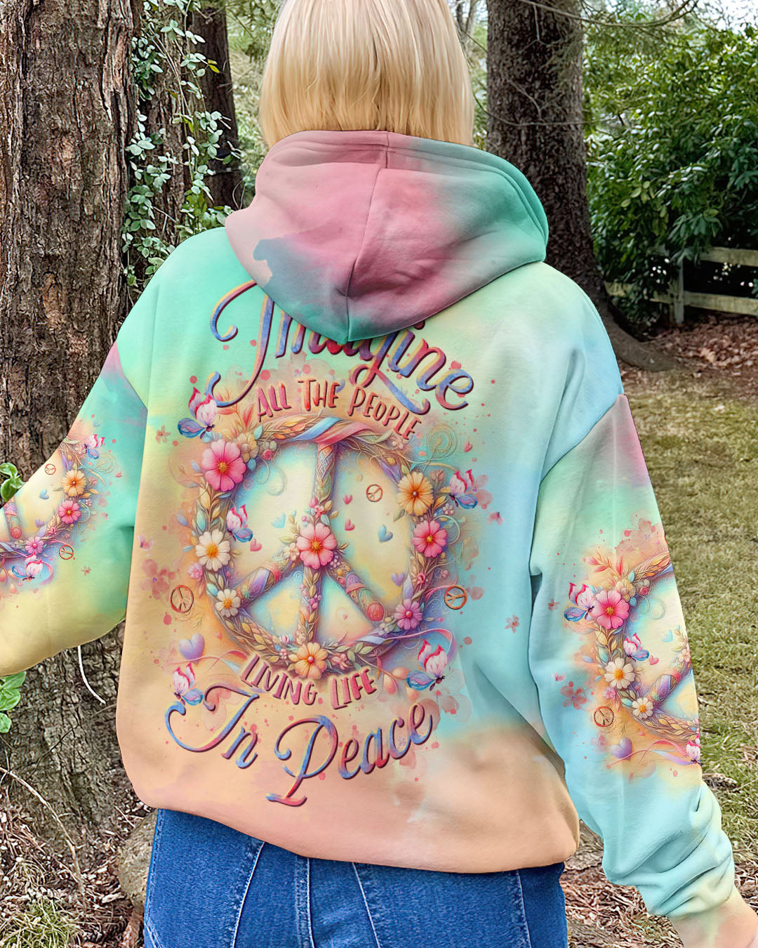 Imagine All the People Living Life in Peace Tie Dye Hippie Floral Peace Symbol AOP Shirts _7_ K18sU