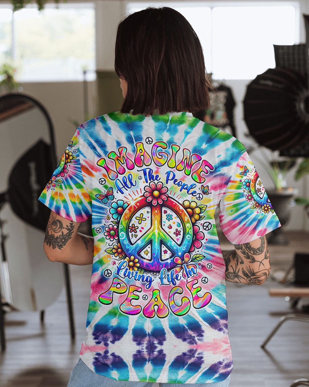 Imagine All the People Living Life in Peace Tie Dye Peace Sign Rainbow Hippie AOP Shirts _1_ zSEem