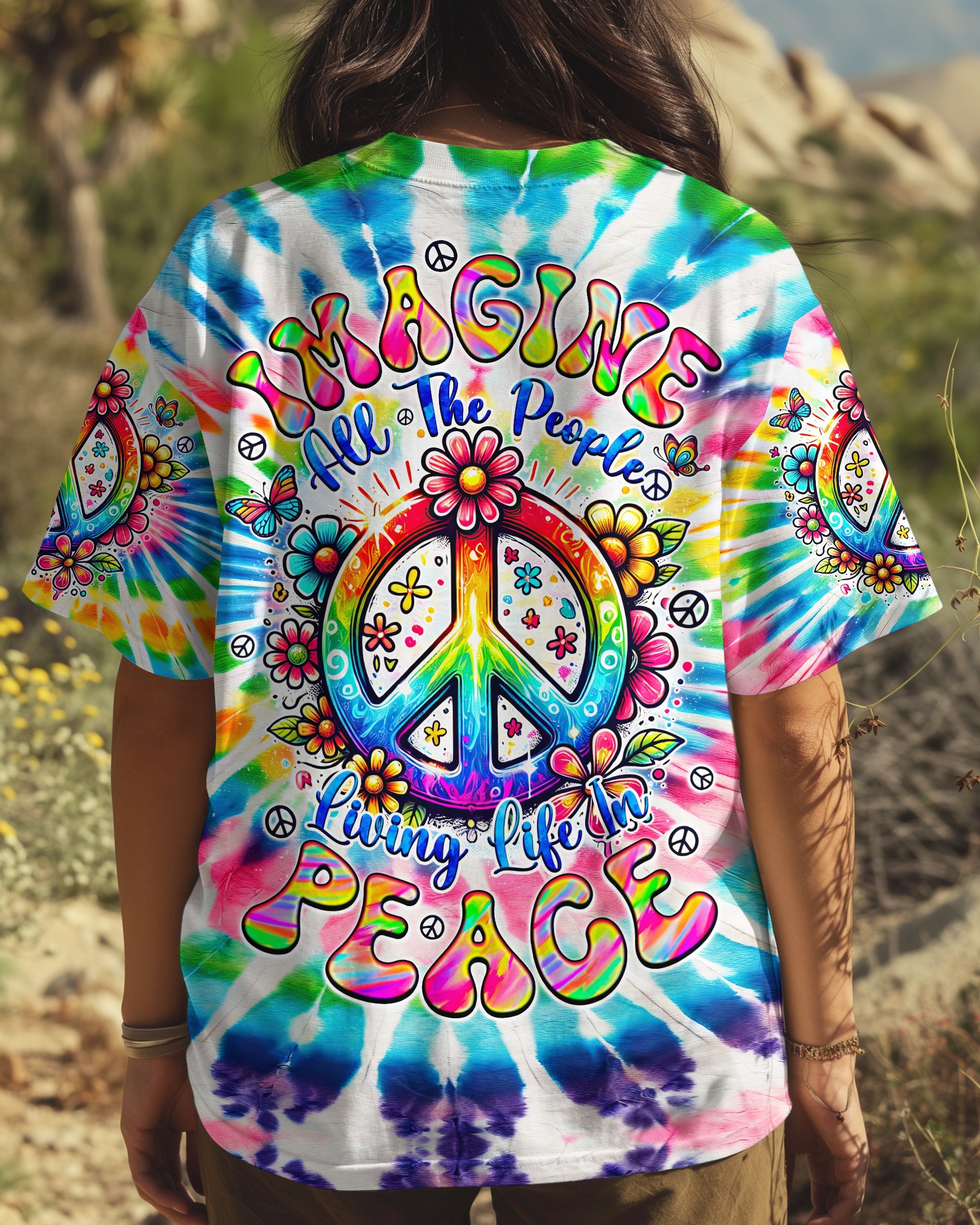 Imagine All the People Living Life in Peace Tie Dye Peace Sign Rainbow Hippie AOP Shirts _3_ I1ejM