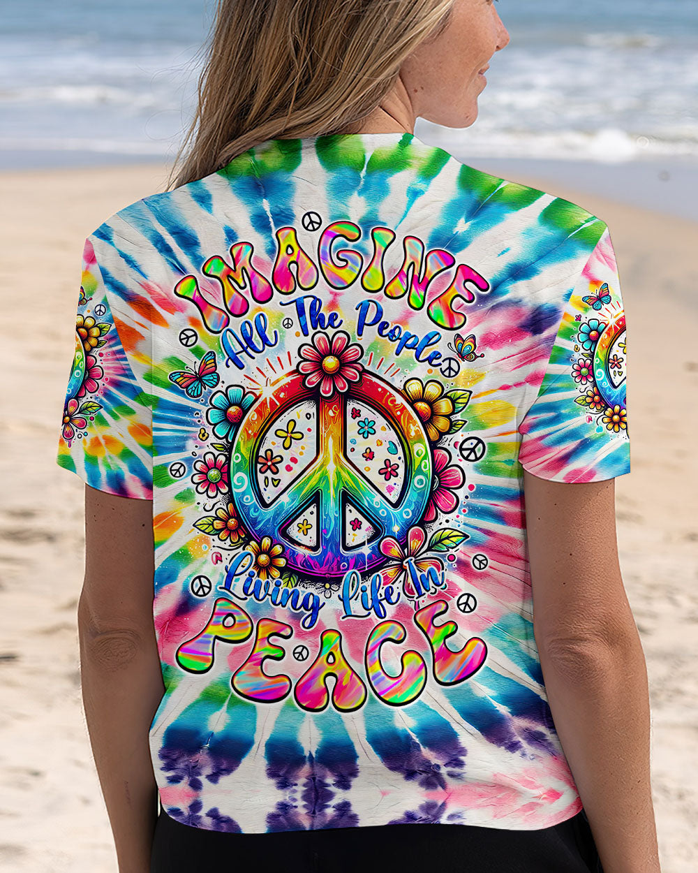 Imagine All the People Living Life in Peace Tie Dye Peace Sign Rainbow Hippie AOP Shirts _5_ 5o0qW
