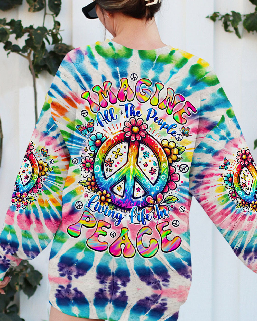 Imagine All the People Living Life in Peace Tie Dye Peace Sign Rainbow Hippie AOP Shirts _9_ E9ngw