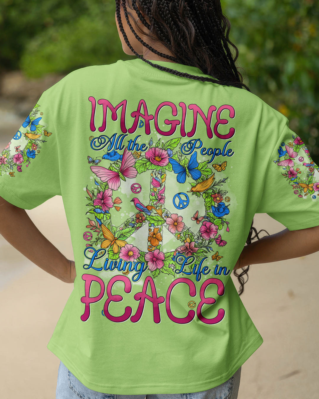 Imagine All the People Living Life in Peace Vibrant Peace Sign Design with Flowers _26 Birds AOP Shirts _12_ uK3Yz