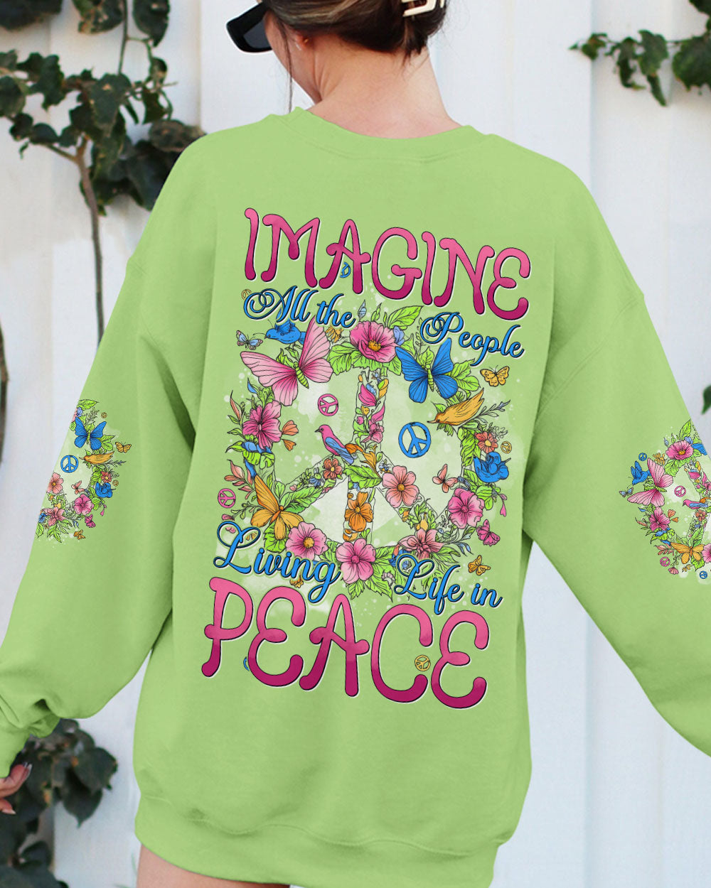 Imagine All the People Living Life in Peace Vibrant Peace Sign Design with Flowers _26 Birds AOP Shirts _7_ b0R5G