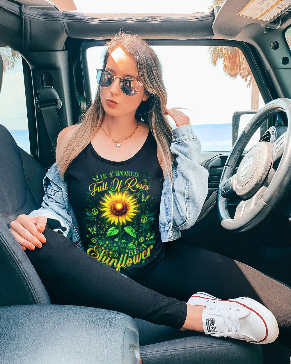 In a World Full of Roses Be a Sunflower Positive Sunflower Inspirational AOP Shirts _10_ BVK7H