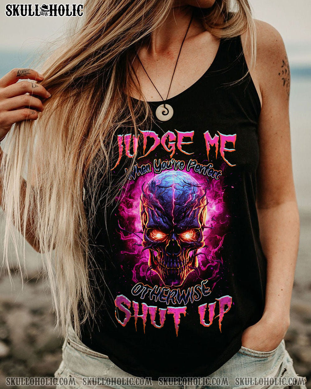 Judge Me When You_E2_80_99re Perfect Shut Up Skull Flames _26 Attitude Gothic Graphic AOP Shirts _14_ I40Ru