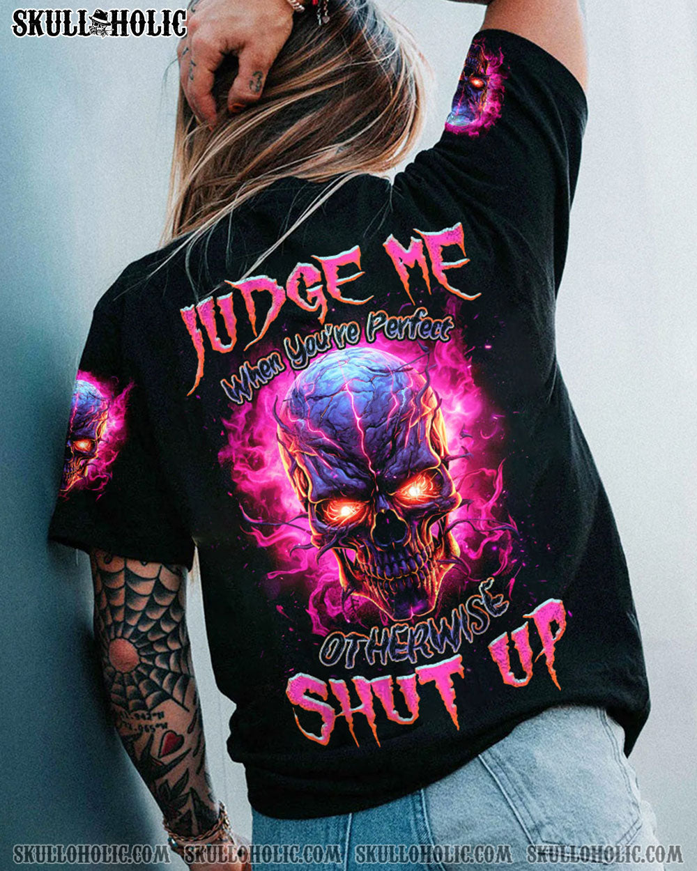 Judge Me When You_E2_80_99re Perfect Shut Up Skull Flames _26 Attitude Gothic Graphic AOP Shirts _5_ OI1N4