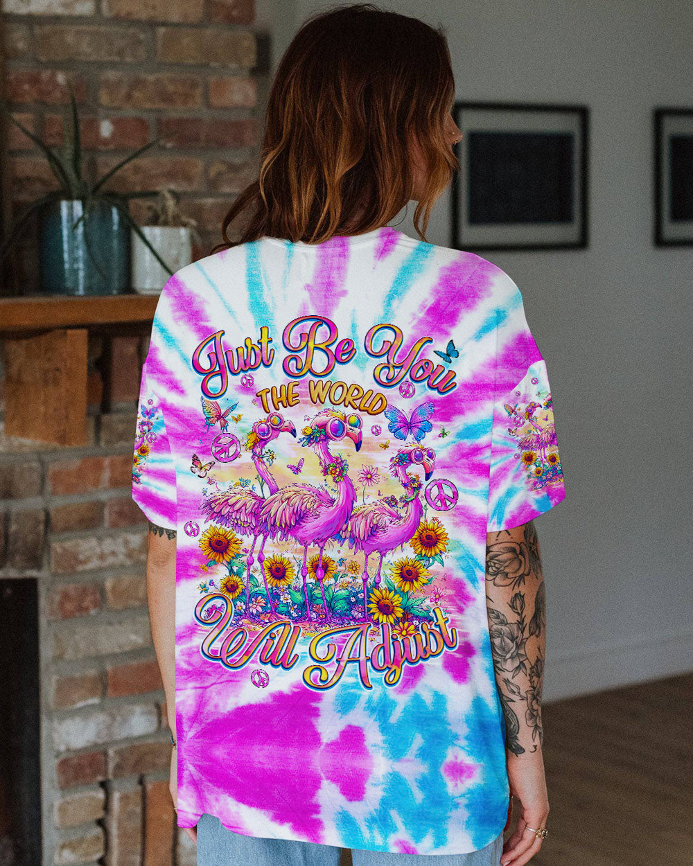 Just Be You The World Will Adjust Tie Dye Pink Flamingo Graphic AOP Shirts _11_ PueBQ