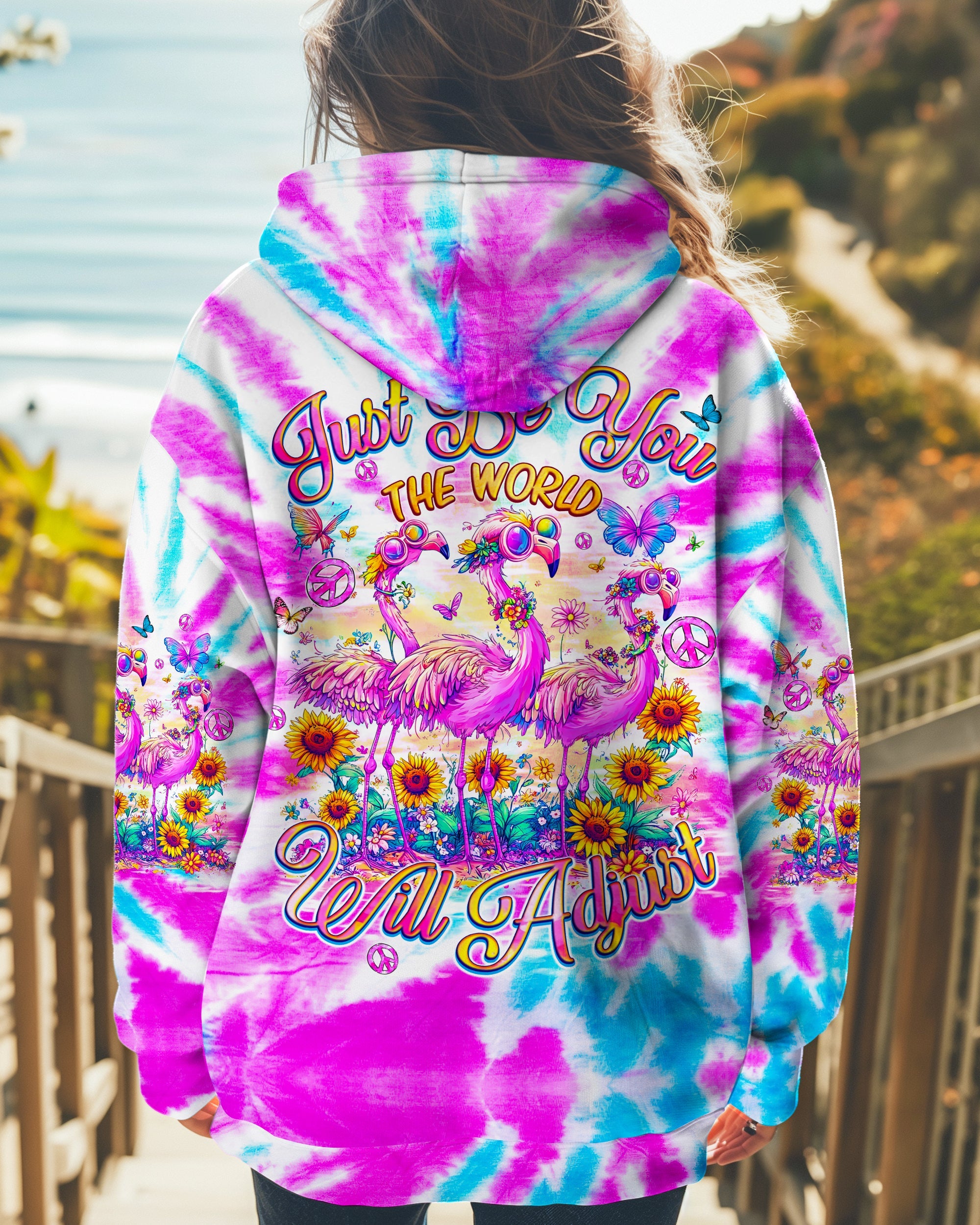 Just Be You The World Will Adjust Tie Dye Pink Flamingo Graphic AOP Shirts _1_ xK1yu
