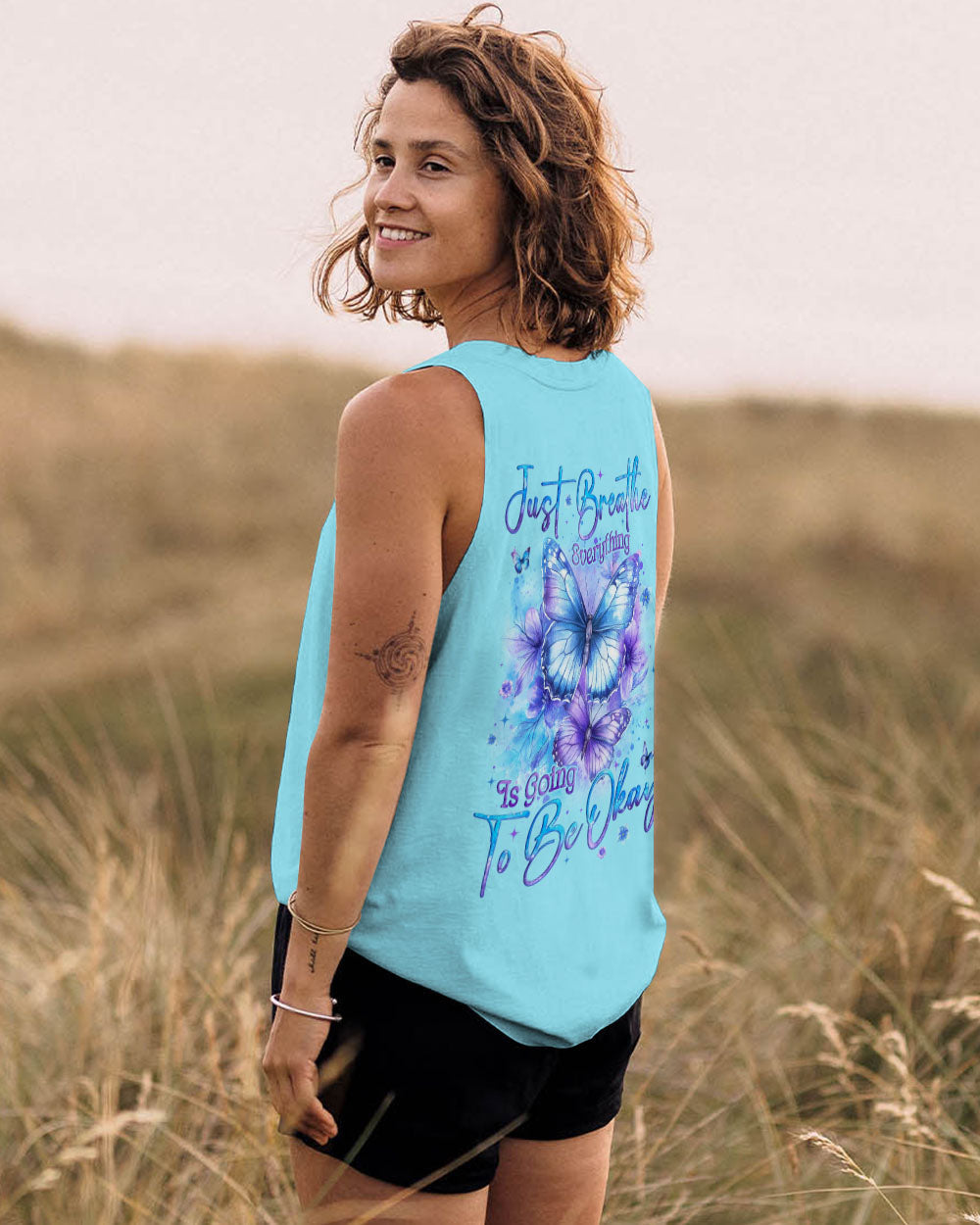 Just Breathe Everything Is Going To Be Okay Blue Butterfly Graphic AOP Shirts _13_ nCdsi