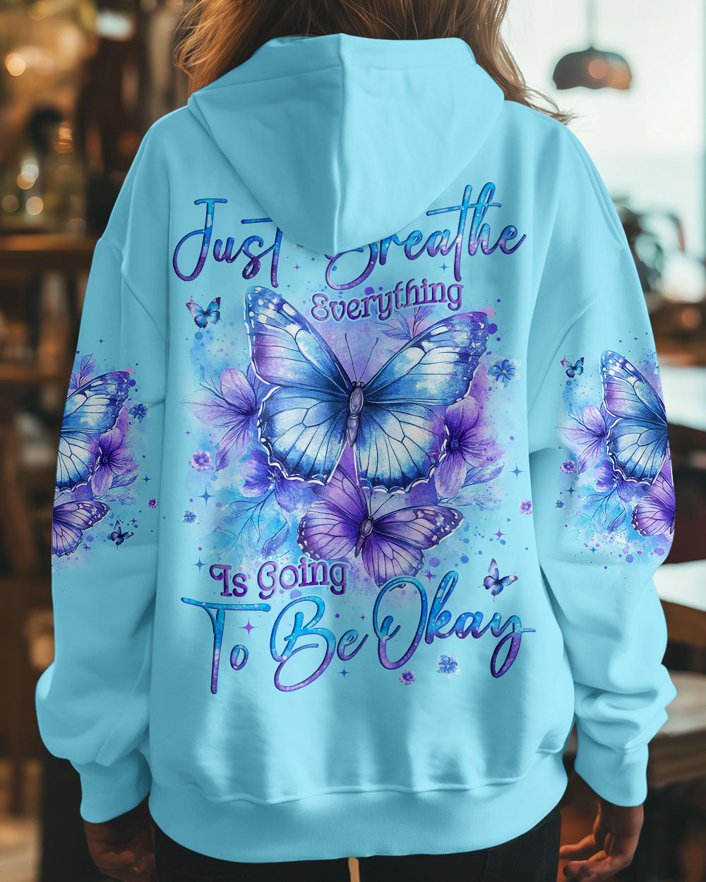 Just Breathe Everything Is Going To Be Okay Blue Butterfly Graphic AOP Shirts _1_ 807pa
