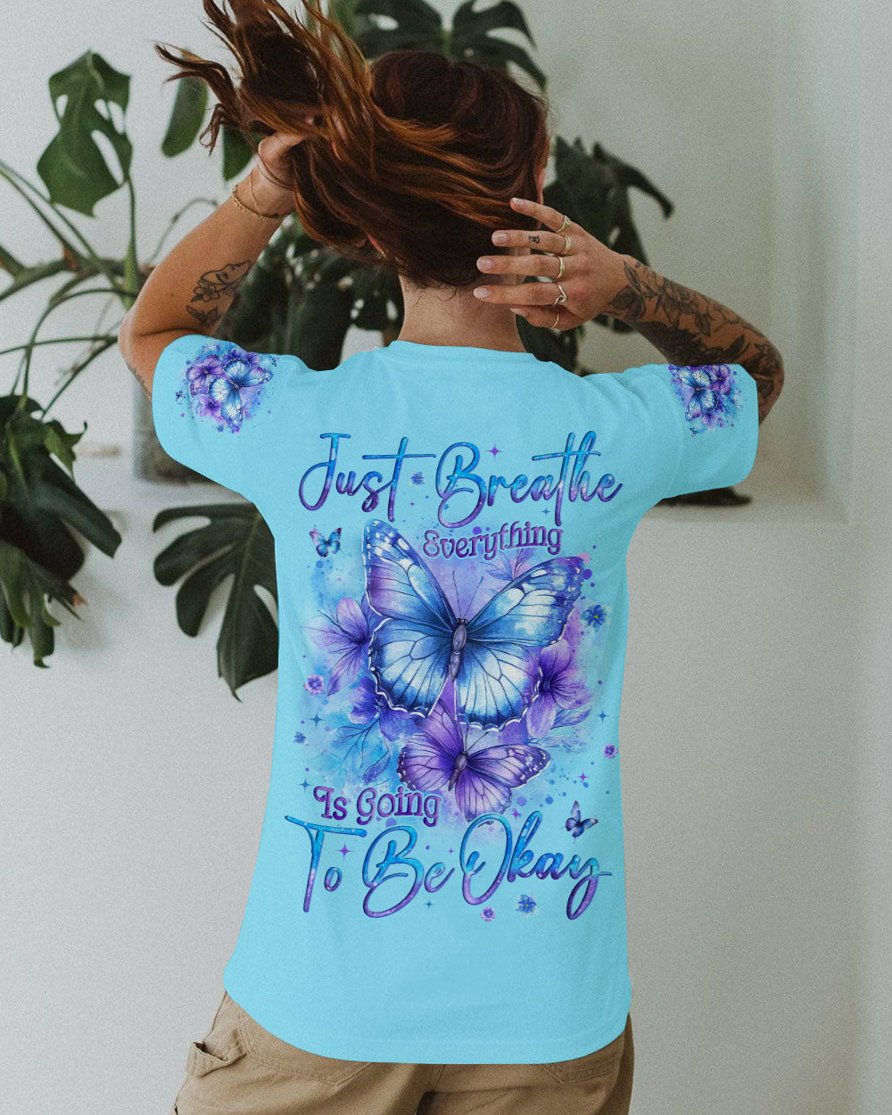 Just Breathe Everything Is Going To Be Okay Blue Butterfly Graphic AOP Shirts _3_ PWtNO