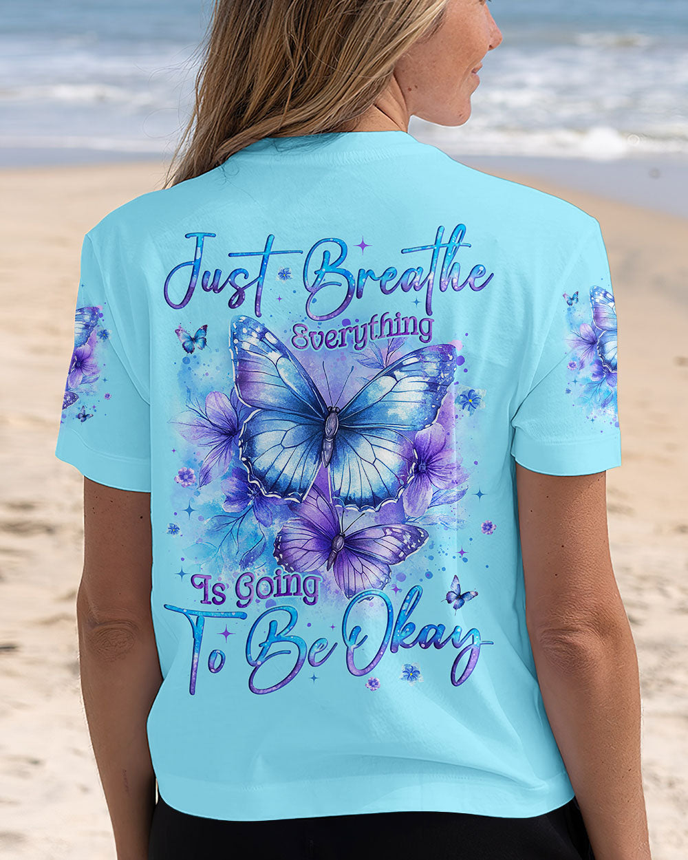 Just Breathe Everything Is Going To Be Okay Blue Butterfly Graphic AOP Shirts _5_ UQspx