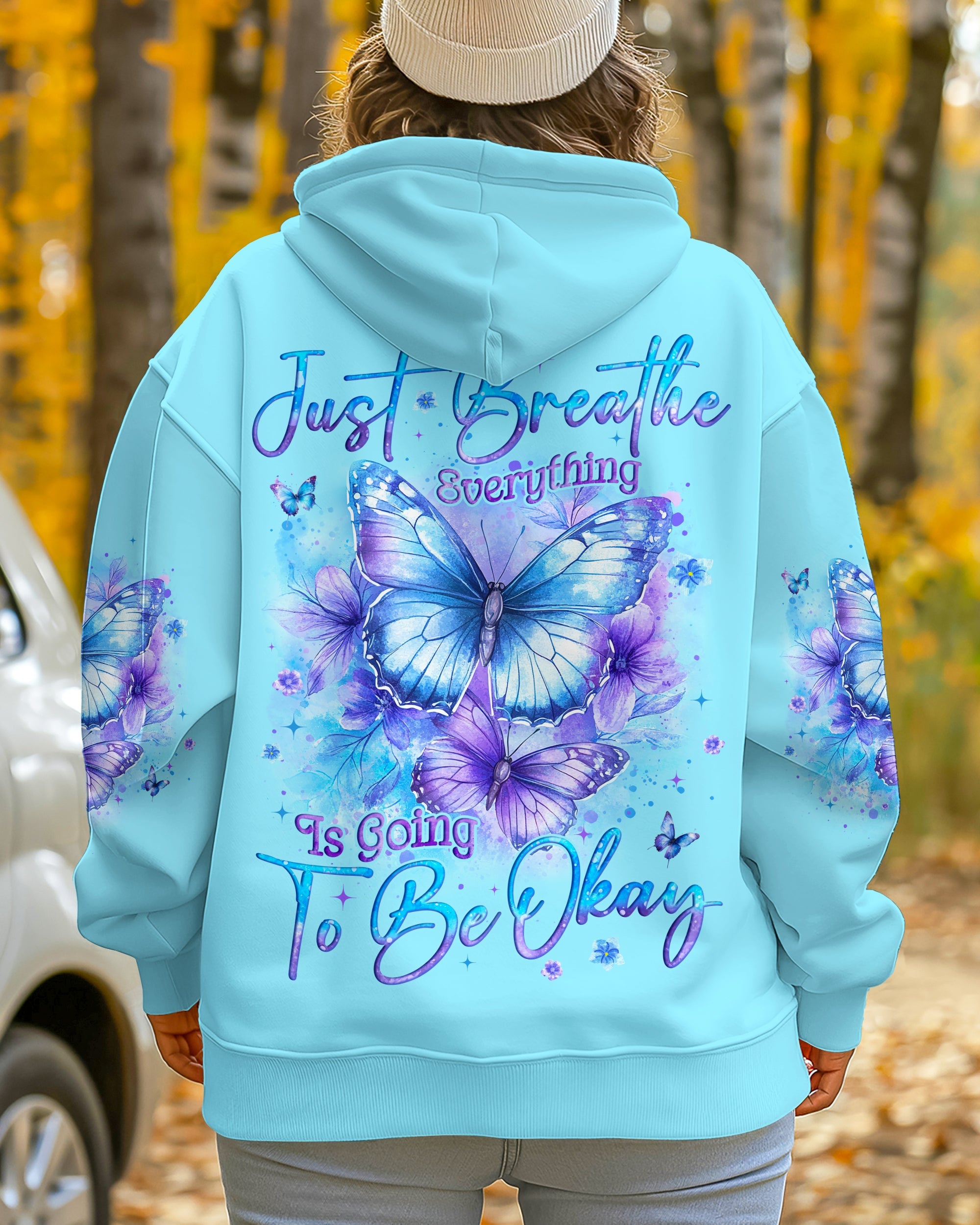 Just Breathe Everything Is Going To Be Okay Blue Butterfly Graphic AOP Shirts _7_ hFxoi