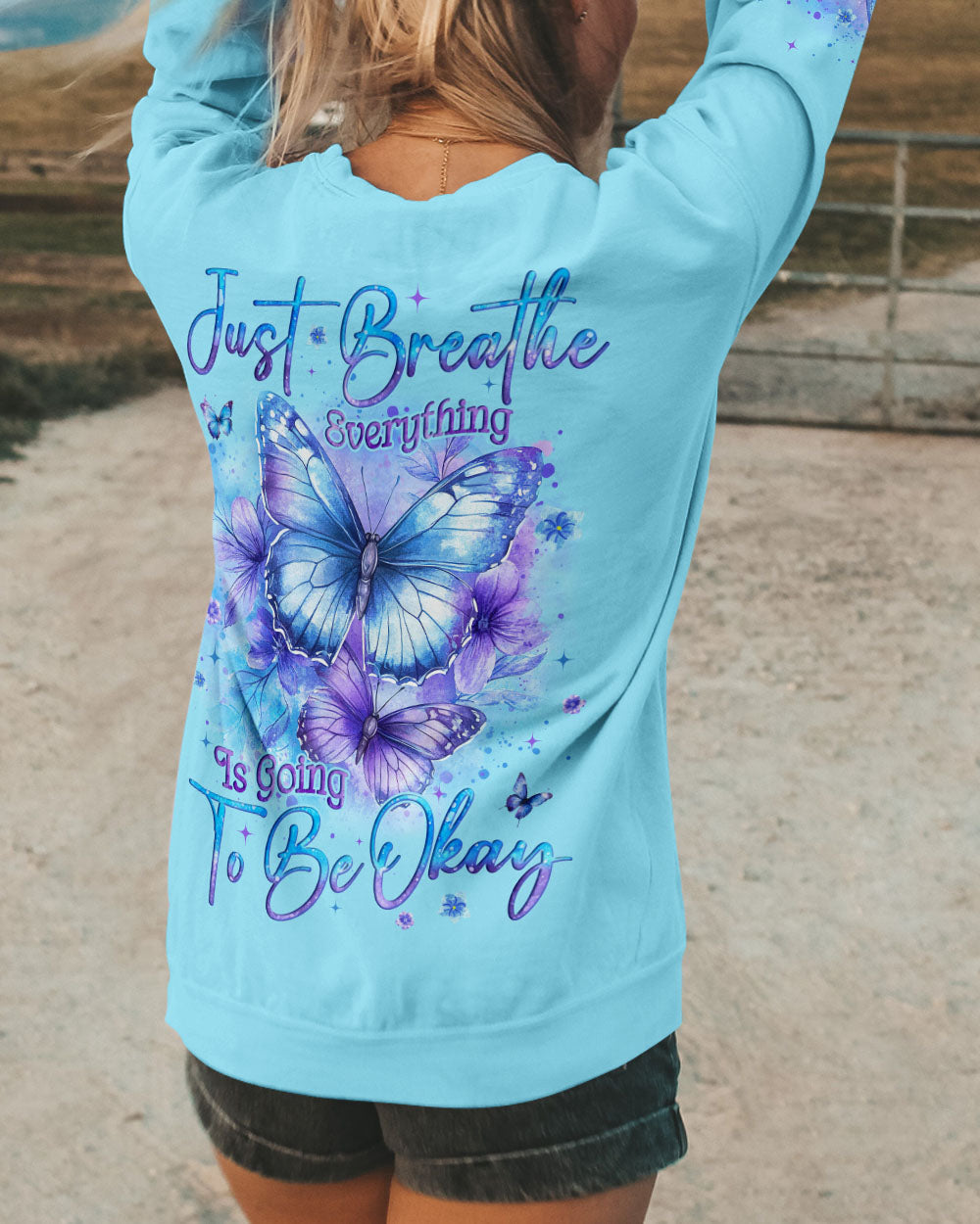 Just Breathe Everything Is Going To Be Okay Blue Butterfly Graphic AOP Shirts _9_ lX4EK