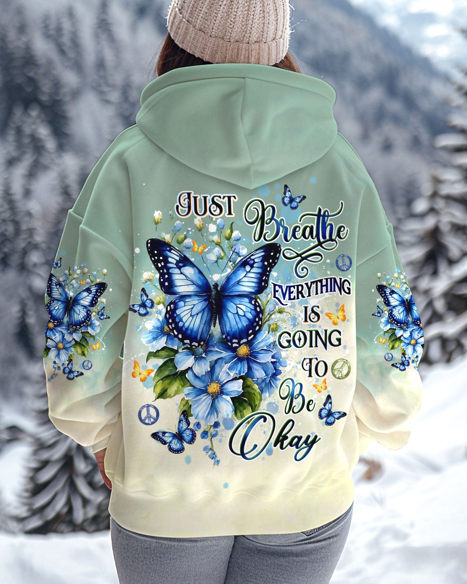 Just Breathe Everything Is Going To Be Okay Blue Butterfly Graphic AOP Shirts paoNL