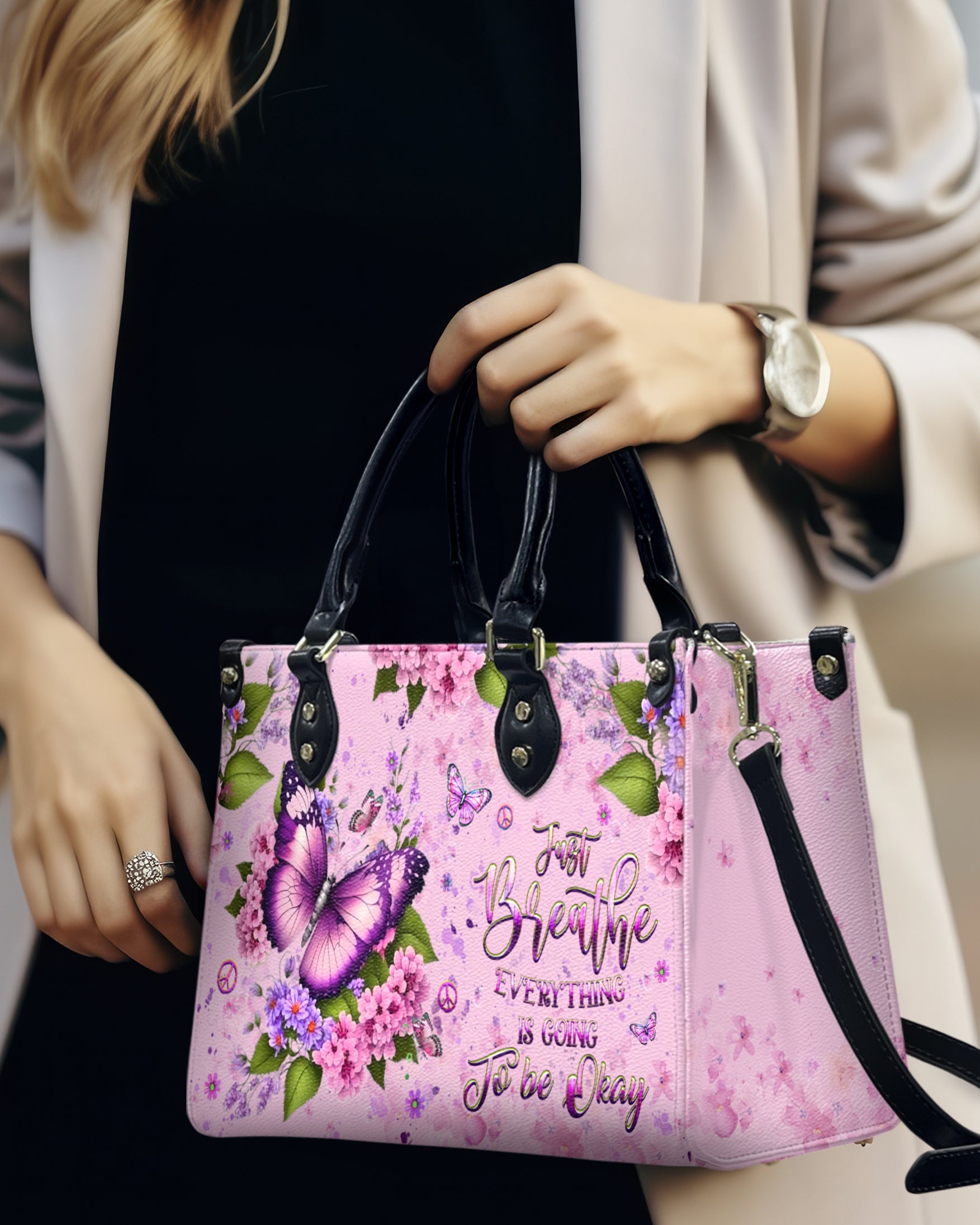 Just Breathe Everything Is Going To Be Okay Butterfly with Pink Floral Hippie Leather Bag _13_ 8kk0r