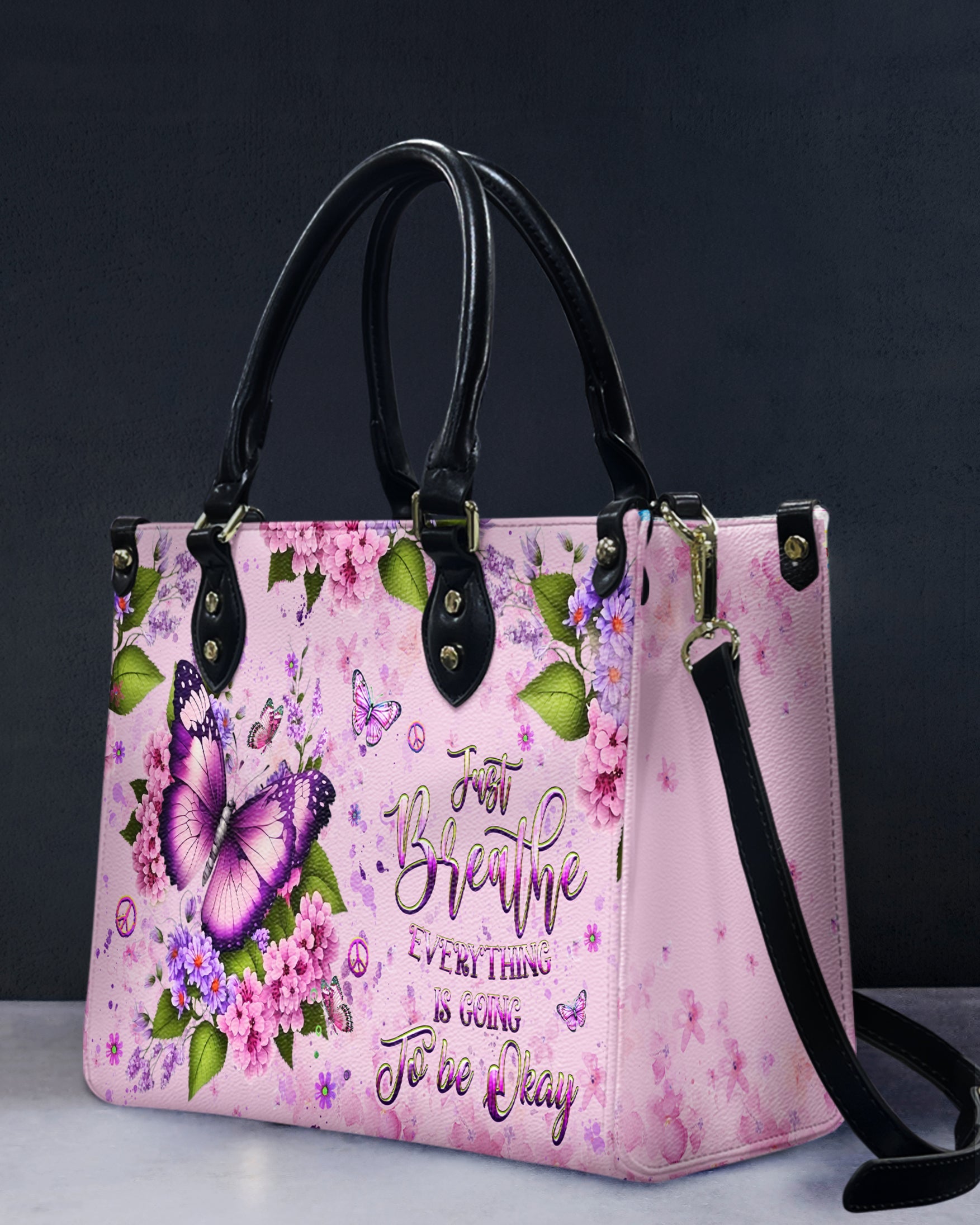 Just Breathe Everything Is Going To Be Okay Butterfly with Pink Floral Hippie Leather Bag _14_ 5zIOk