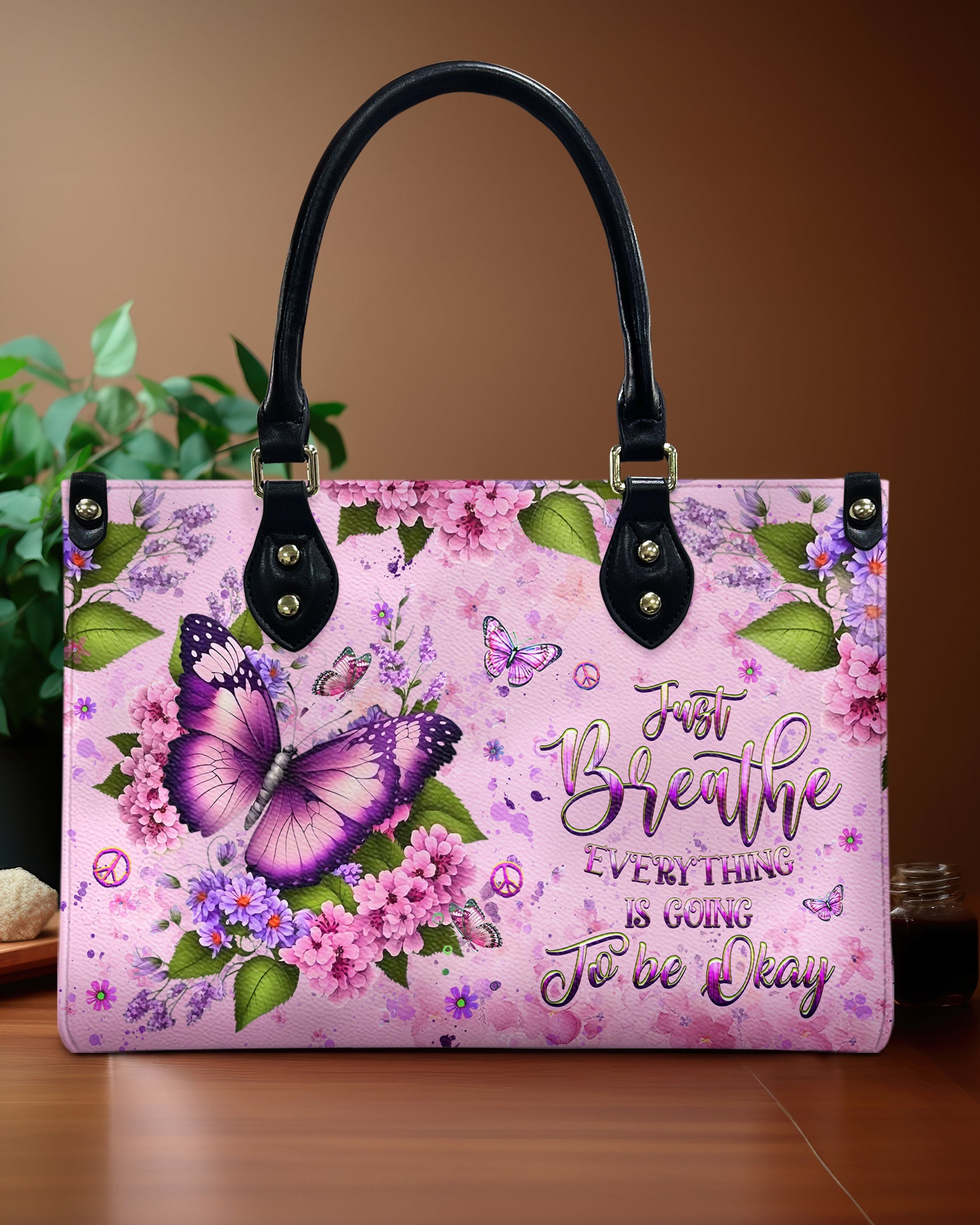 Just Breathe Everything Is Going To Be Okay Butterfly with Pink Floral Hippie Leather Bag _1_ M3HNI