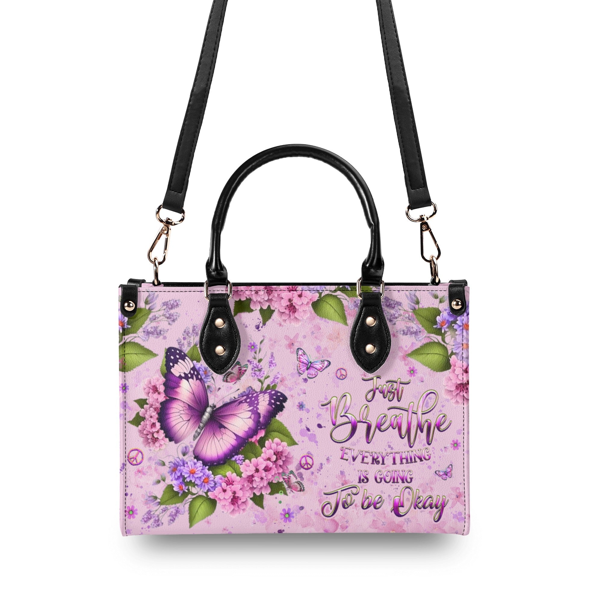 Just Breathe Everything Is Going To Be Okay Butterfly with Pink Floral Hippie Leather Bag _2_ lThvj