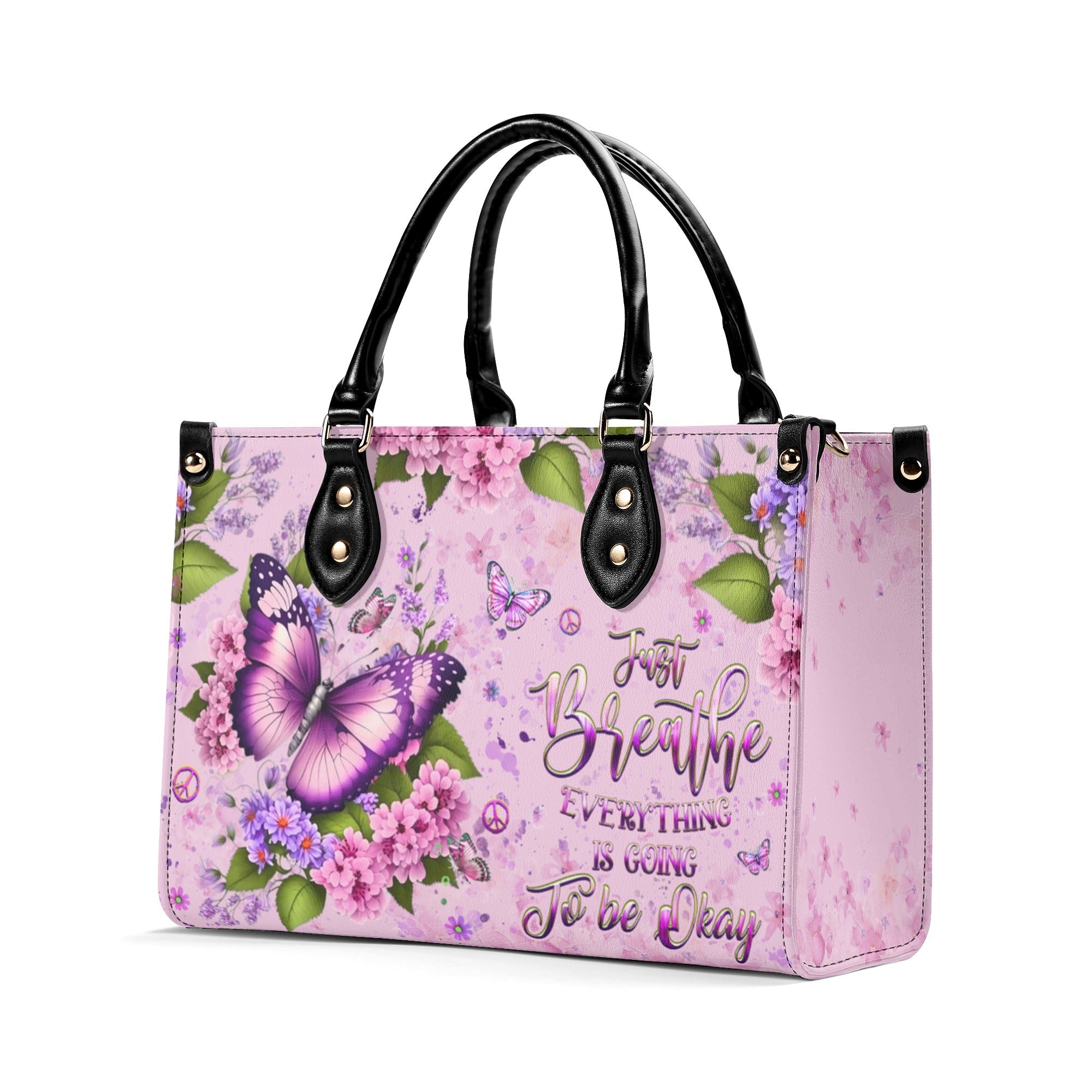 Just Breathe Everything Is Going To Be Okay Butterfly with Pink Floral Hippie Leather Bag _5_ C3UAR