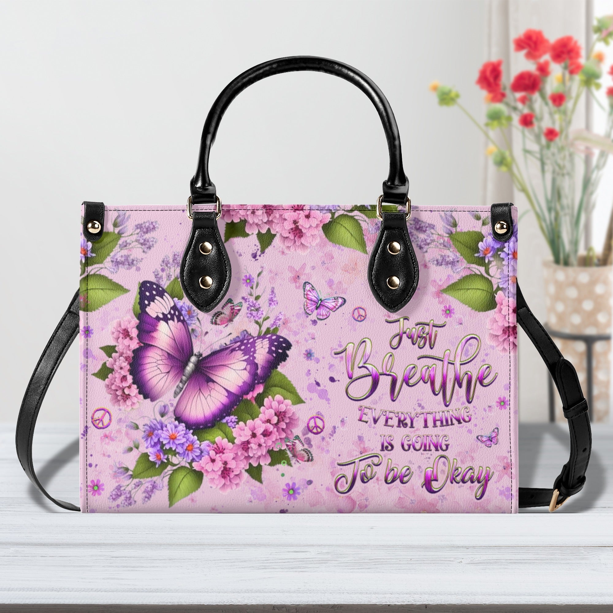 Just Breathe Everything Is Going To Be Okay Butterfly with Pink Floral Hippie Leather Bag _6_ iiSgZ