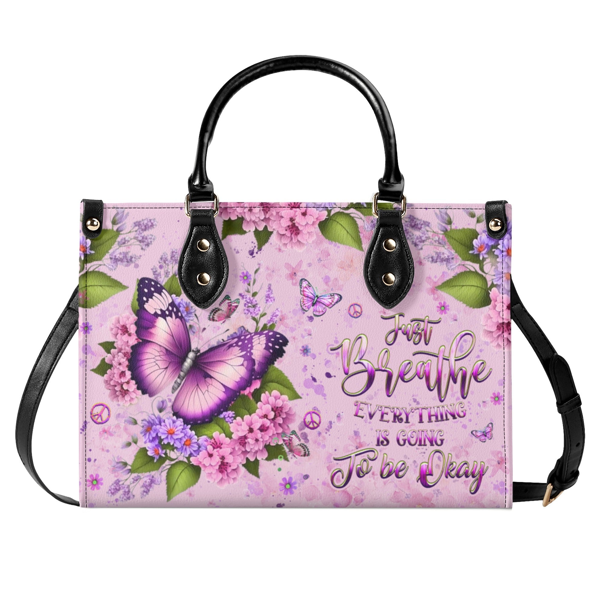 Just Breathe Everything Is Going To Be Okay Butterfly with Pink Floral Hippie Leather Bag _7_ cIHWD