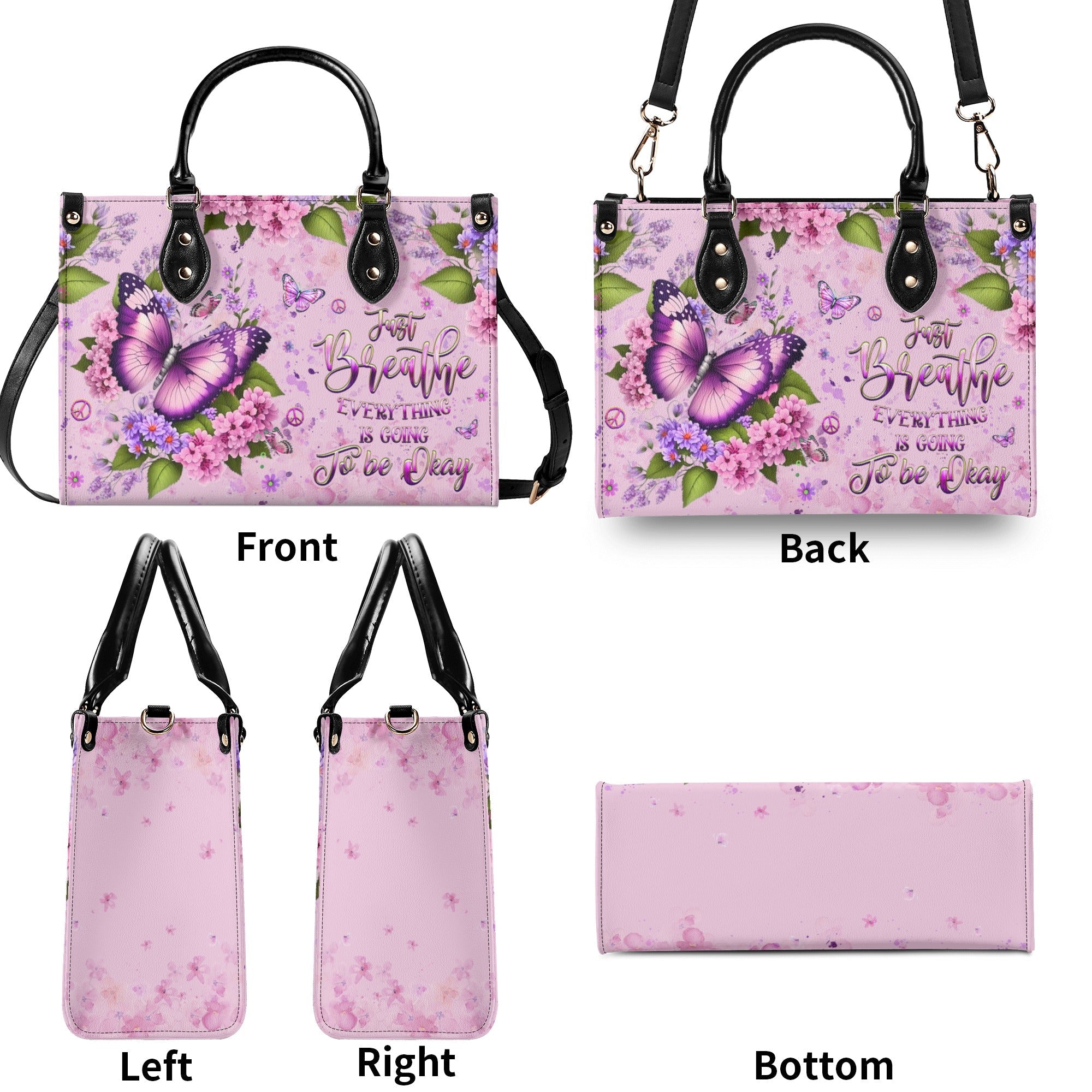 Just Breathe Everything Is Going To Be Okay Butterfly with Pink Floral Hippie Leather Bag _8_ 0xWaA