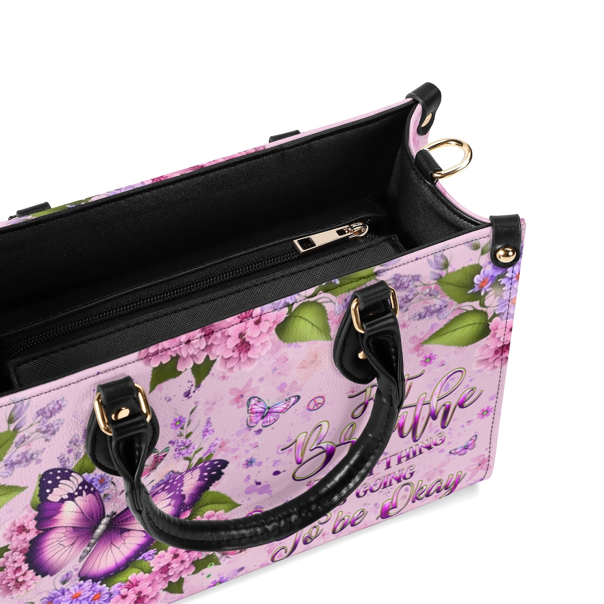 Just Breathe Everything Is Going To Be Okay Butterfly with Pink Floral Hippie Leather Bag _9_ aSN1U