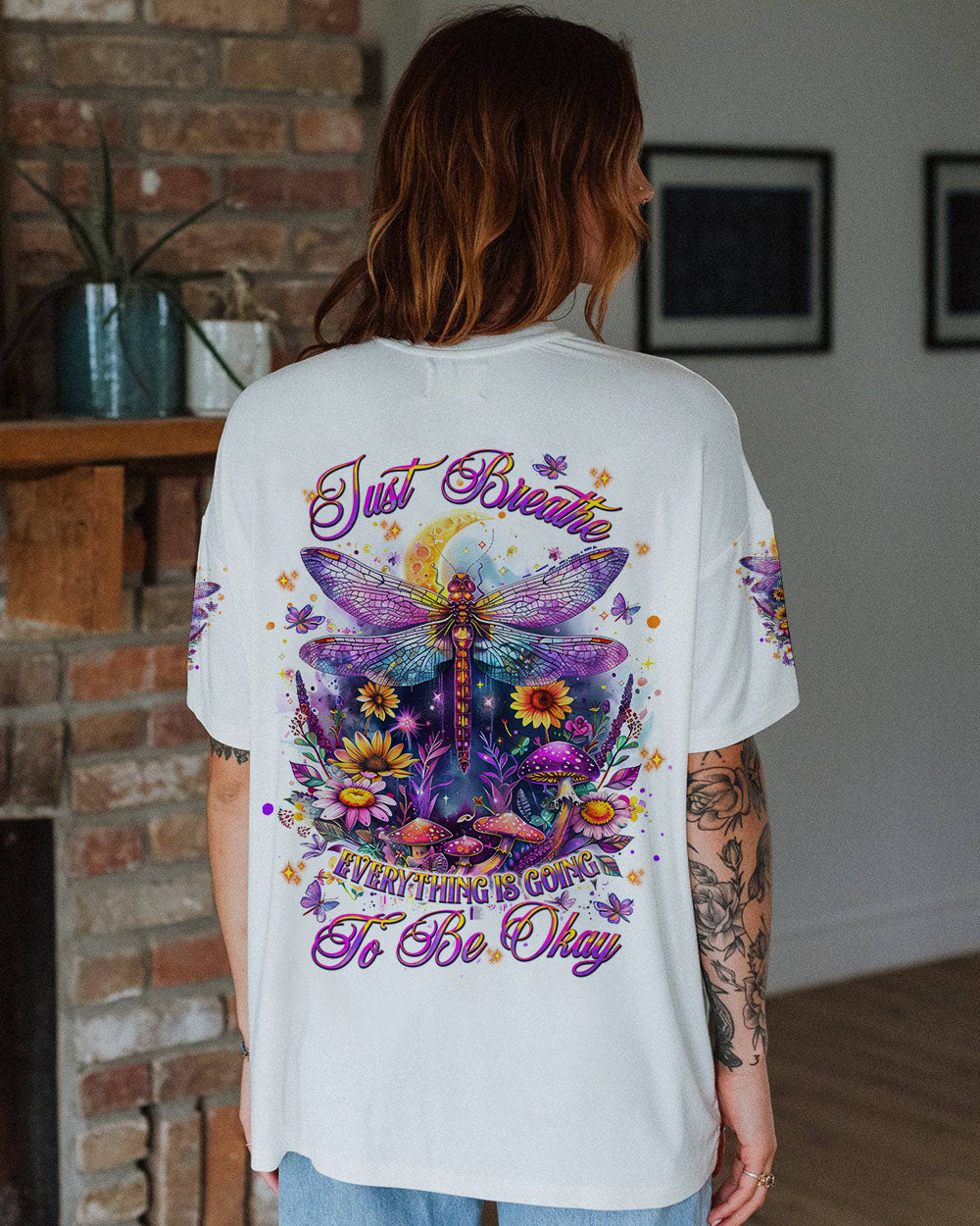Just Breathe Everything Is Going To Be Okay Colorful Dragonfly Floral AOP Shirts _11_ T9Q5A
