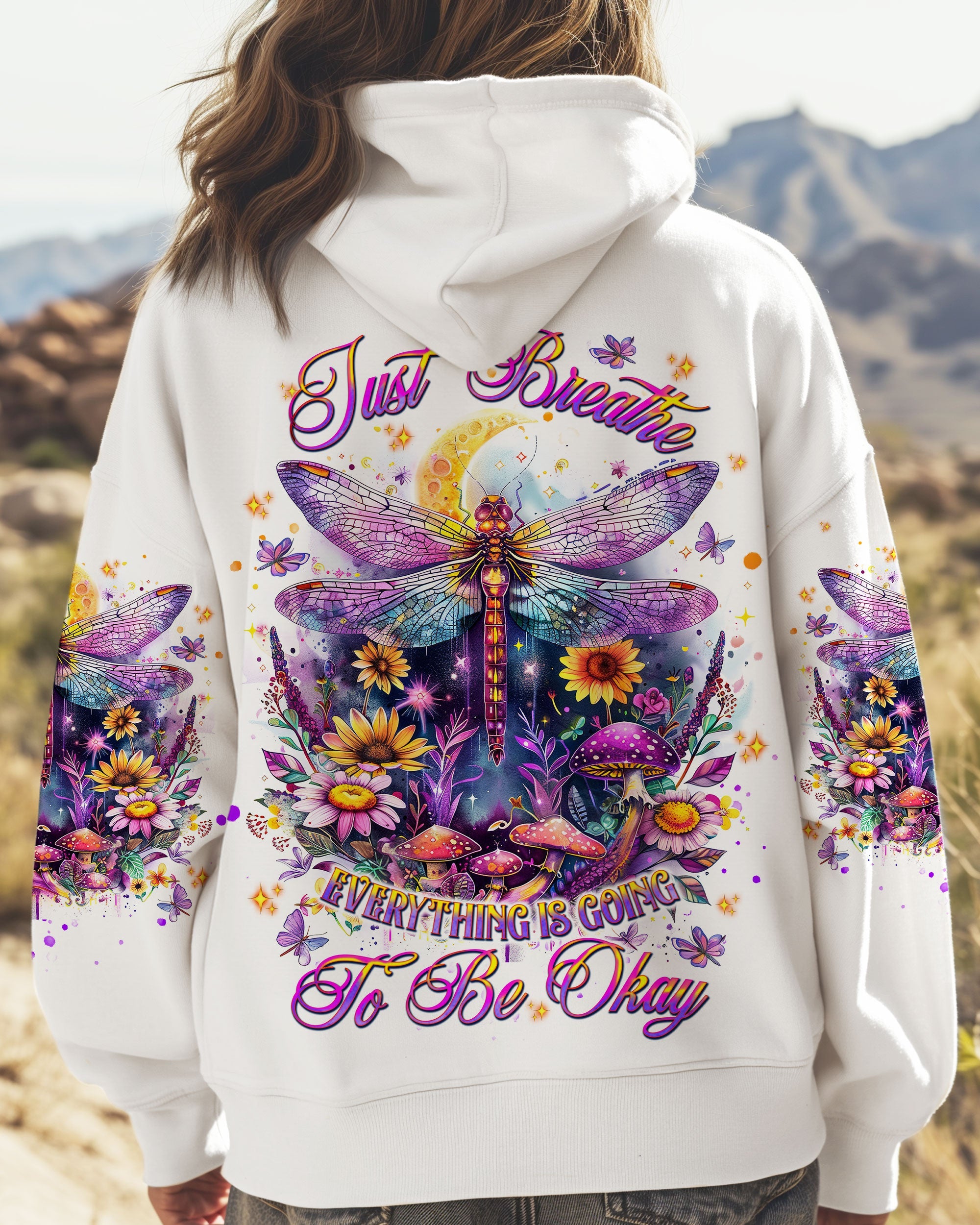 Just Breathe Everything Is Going To Be Okay Colorful Dragonfly Floral AOP Shirts _1_ 8rVNv