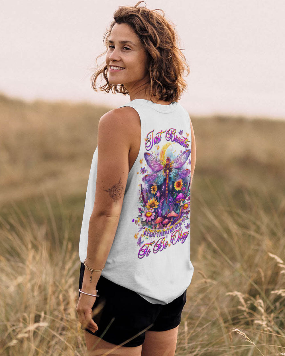Just Breathe Everything Is Going To Be Okay Colorful Dragonfly Floral AOP Shirts _7_ DHLy5