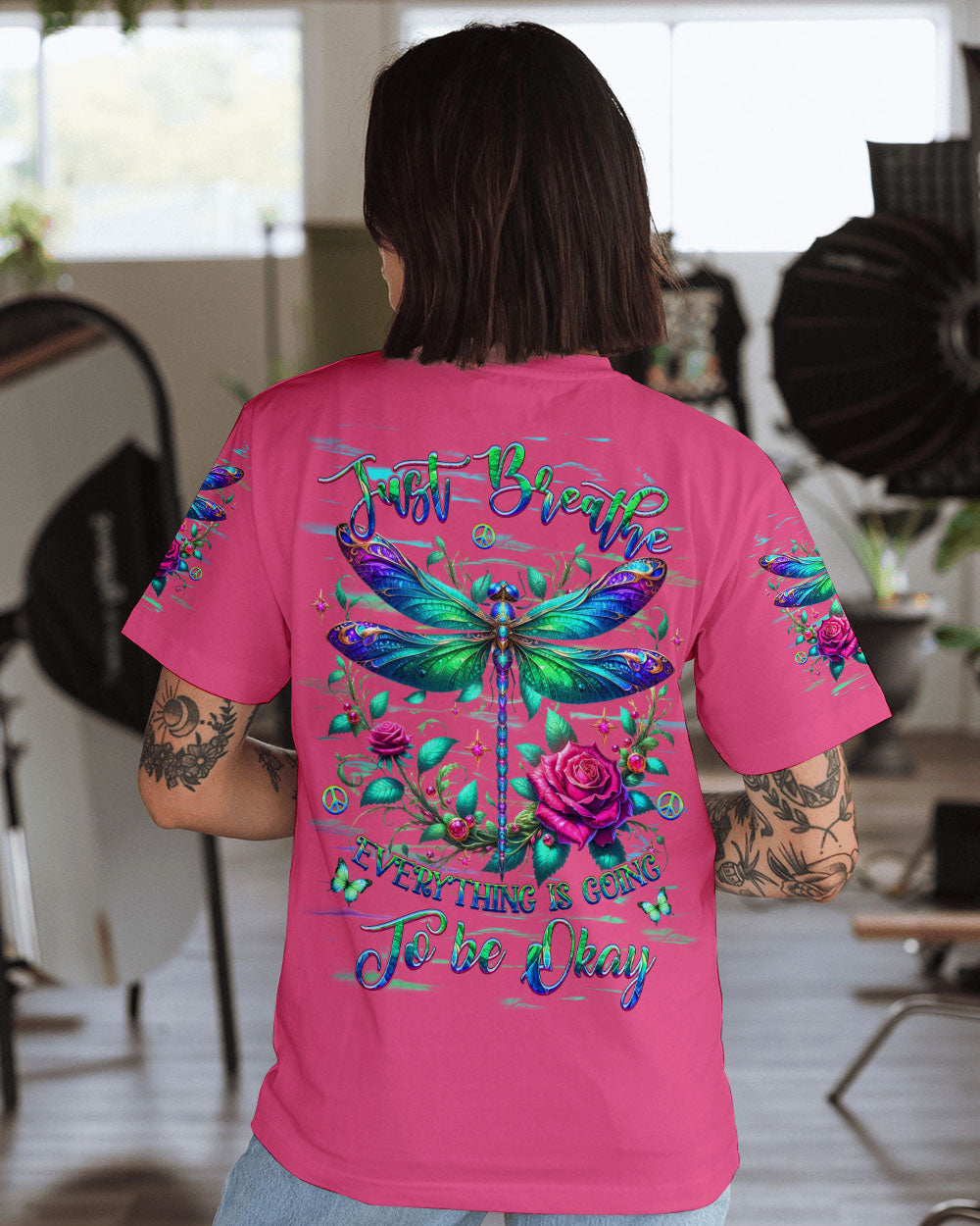 Just Breathe Everything Is Going To Be Okay Dragonfly Floral AOP Shirts _1_ mI88e