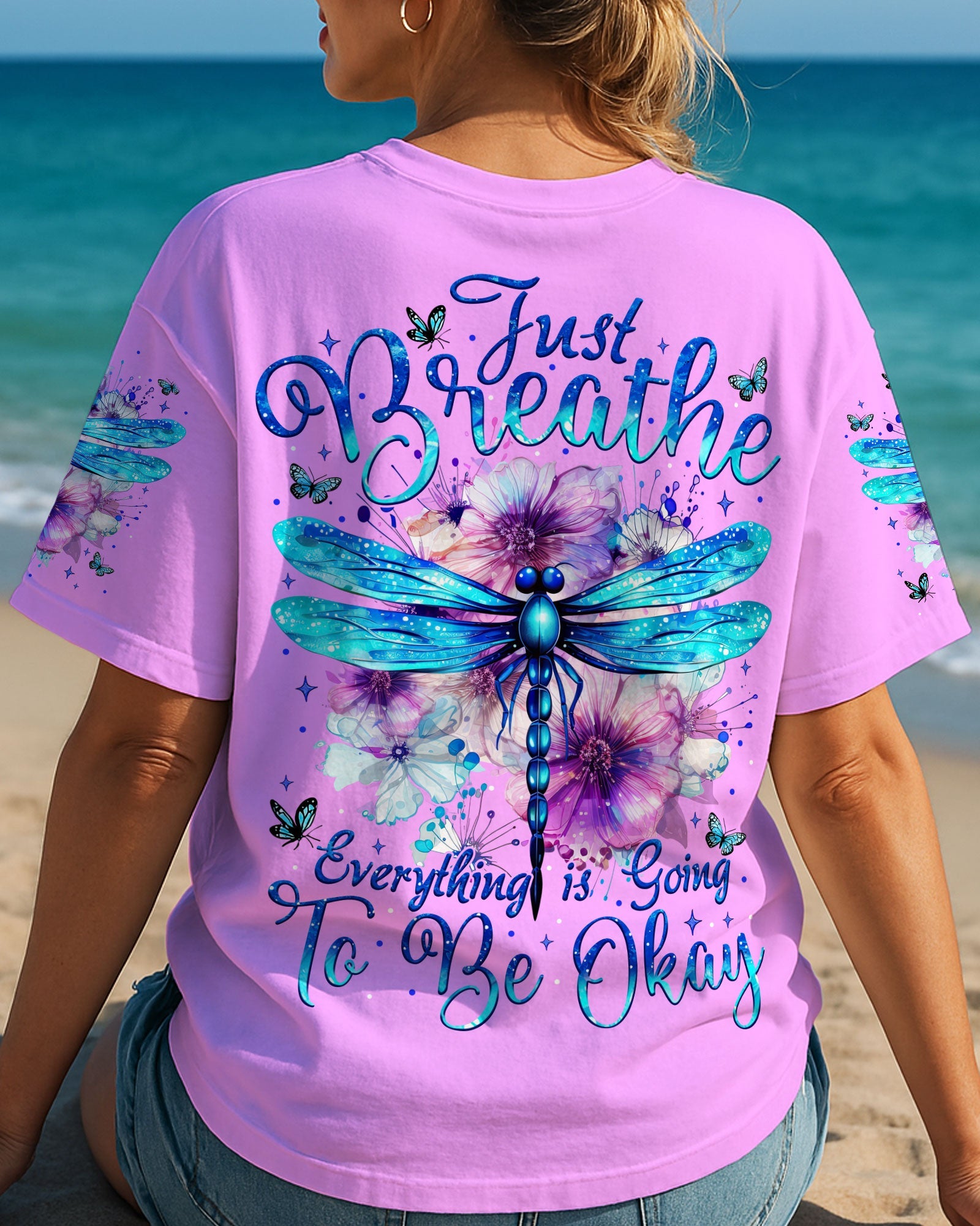 Just Breathe Everything Is Going To Be Okay Dragonfly and Floral Design AOP Shirts _3_ NUcJG