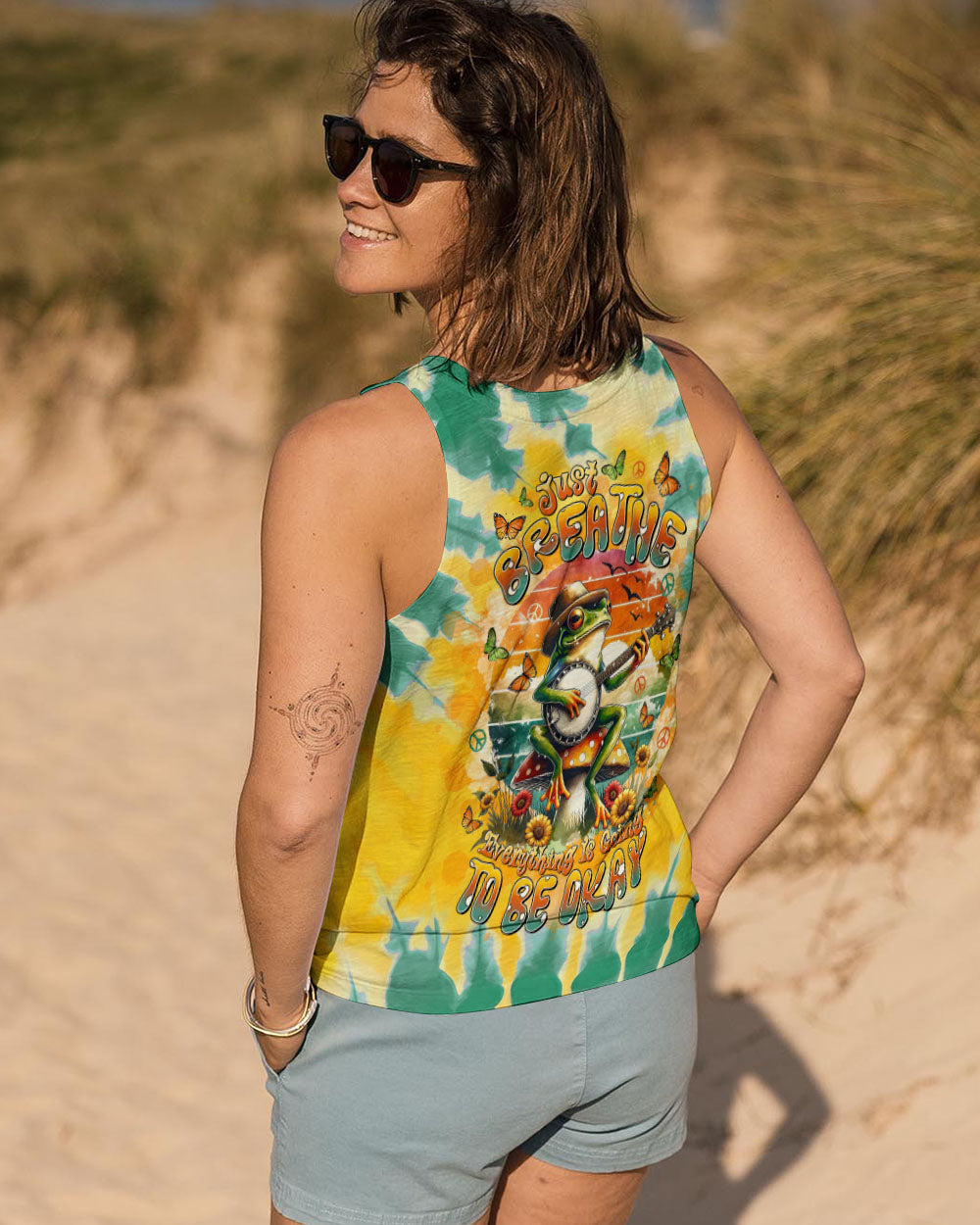 Just Breathe Everything Is Going To Be Okay Frog Playing Guitar Hippie AOP Shirts _11_ O19Z4