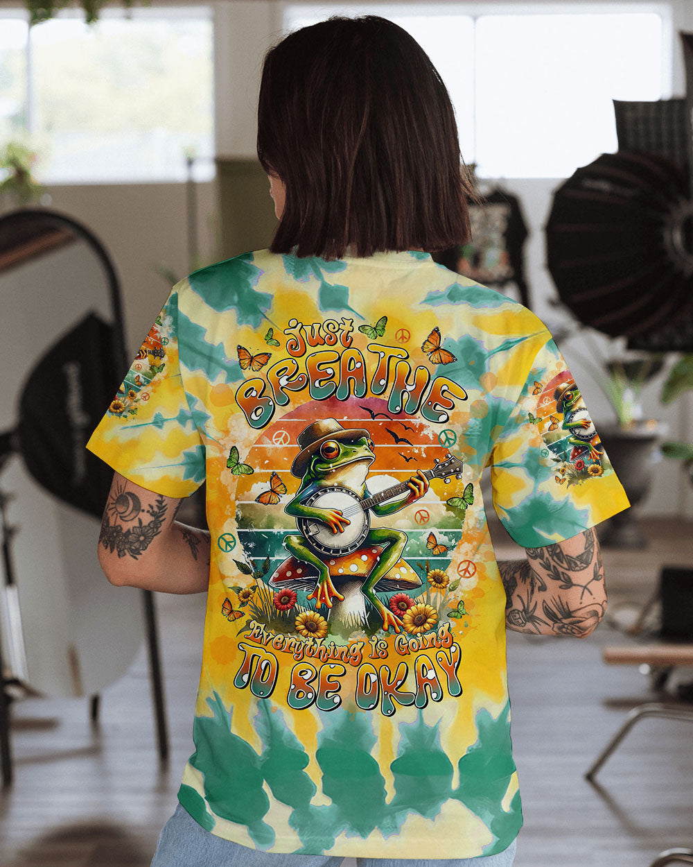 Just Breathe Everything Is Going To Be Okay Frog Playing Guitar Hippie AOP Shirts _1_ iOMJn