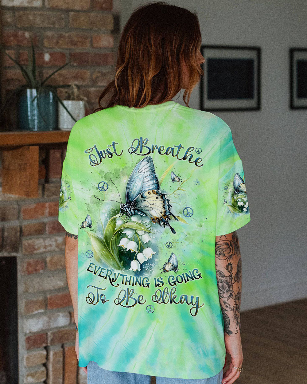 Just Breathe Everything Is Going To Be Okay Green Tie Dye Butterfly Flower AOP Shirts _11_ T22fT