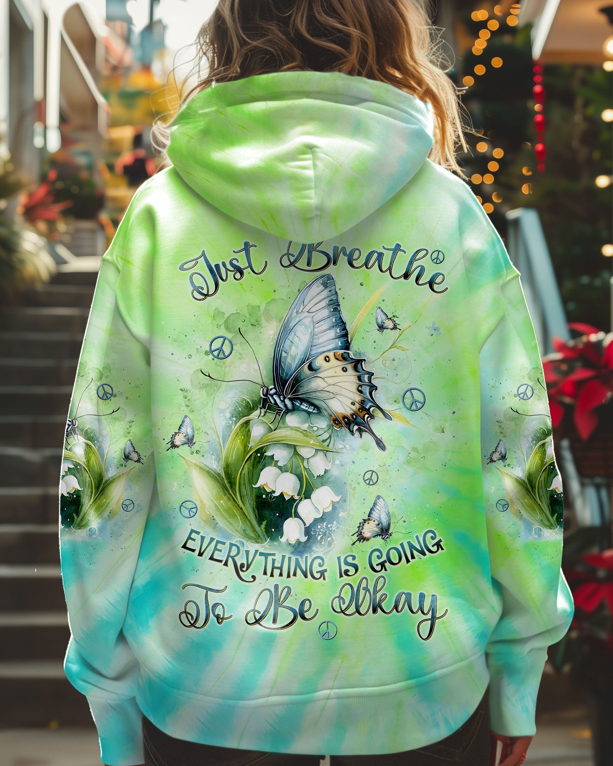 Just Breathe Everything Is Going To Be Okay Green Tie Dye Butterfly Flower AOP Shirts _1_ tpT57