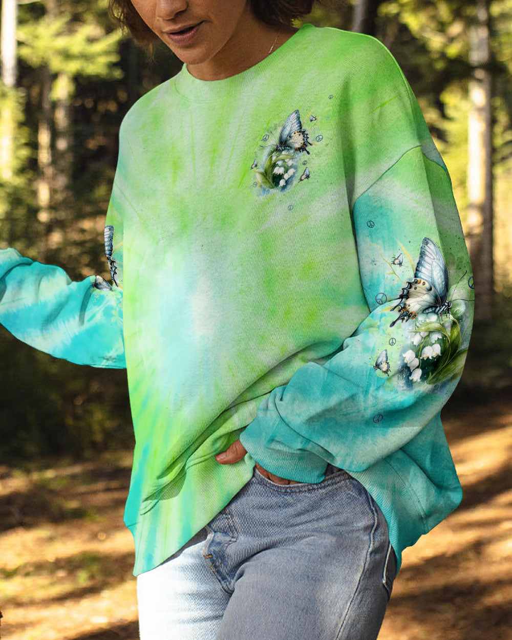 Just Breathe Everything Is Going To Be Okay Green Tie Dye Butterfly Flower AOP Shirts _2_ lftED