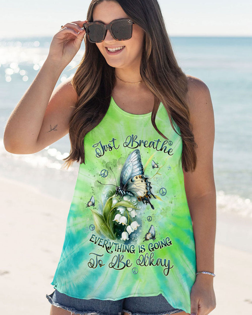 Just Breathe Everything Is Going To Be Okay Green Tie Dye Butterfly Flower AOP Shirts _5_ 4MvMe