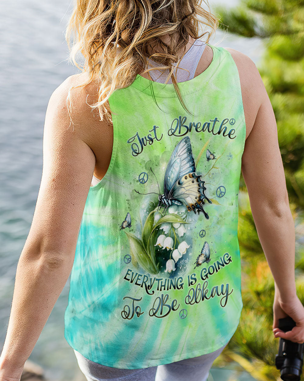 Just Breathe Everything Is Going To Be Okay Green Tie Dye Butterfly Flower AOP Shirts _7_ moRag