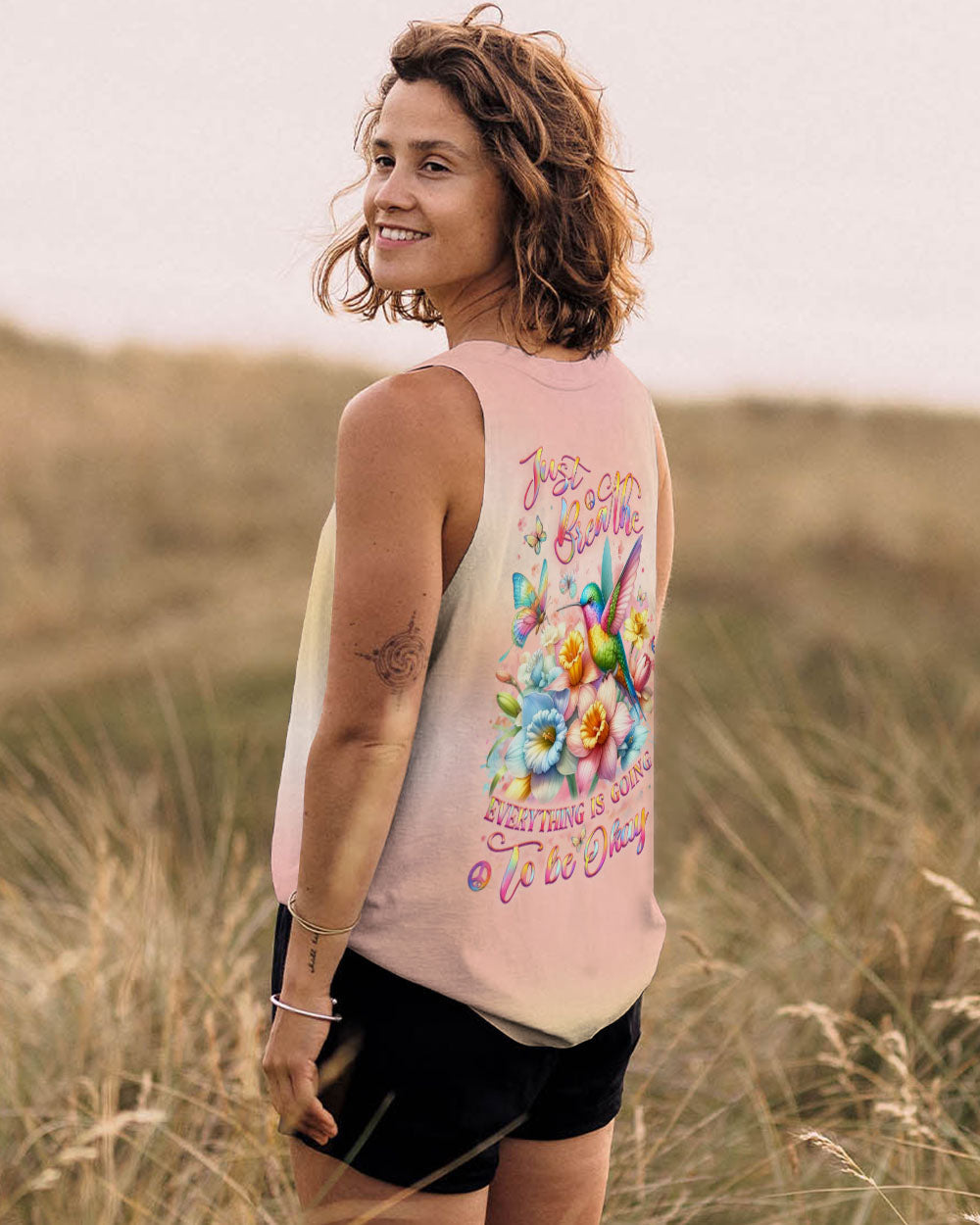 Just Breathe Everything Is Going To Be Okay Hummingbird Floral Pastel AOP Shirts _11_ WGVdA