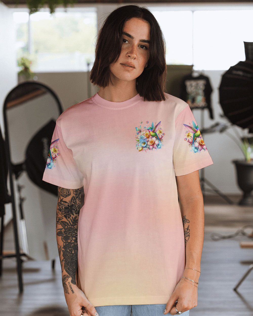 Just Breathe Everything Is Going To Be Okay Hummingbird Floral Pastel AOP Shirts _13_ H0fsa