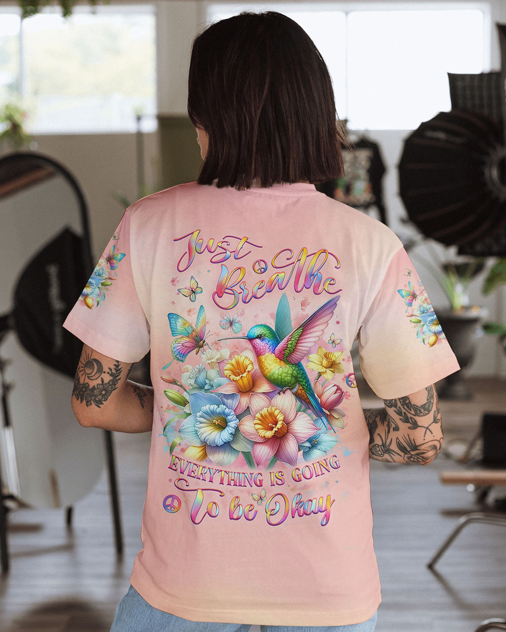 Just Breathe Everything Is Going To Be Okay Hummingbird Floral Pastel AOP Shirts _1_ uQRpJ