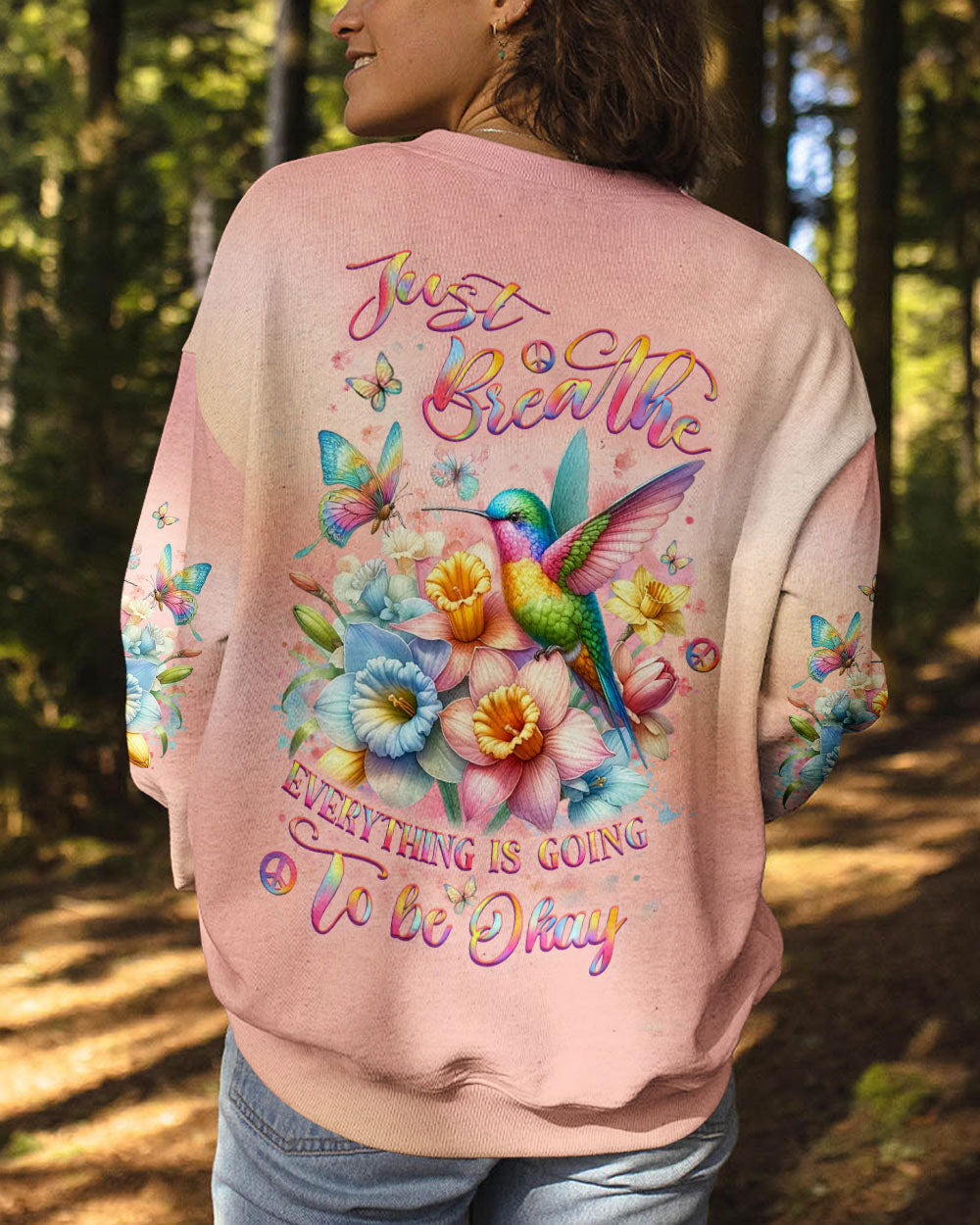 Just Breathe Everything Is Going To Be Okay Hummingbird Floral Pastel AOP Shirts _7_ Gext3